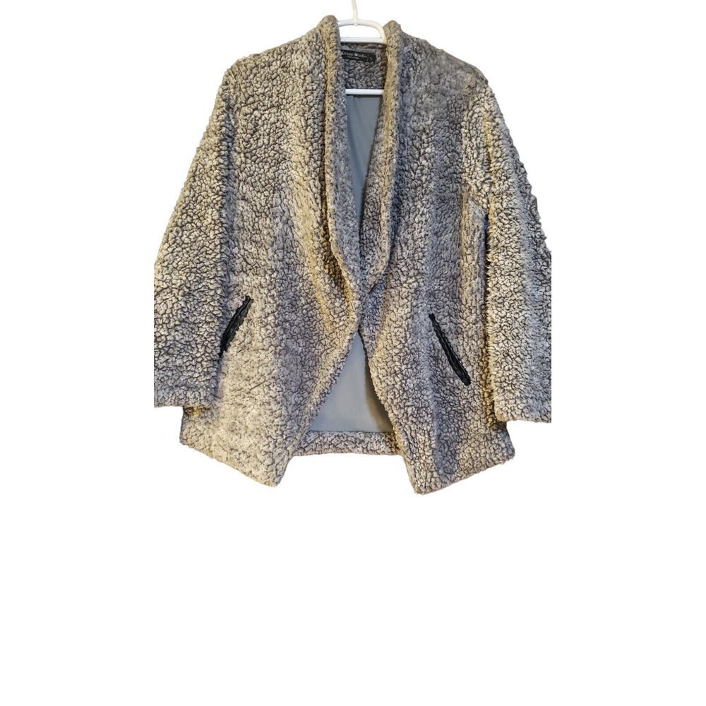 Knapp Studio‎ Women's Open Cardigan Fleece Top Size L Faux Leather Accents Warm